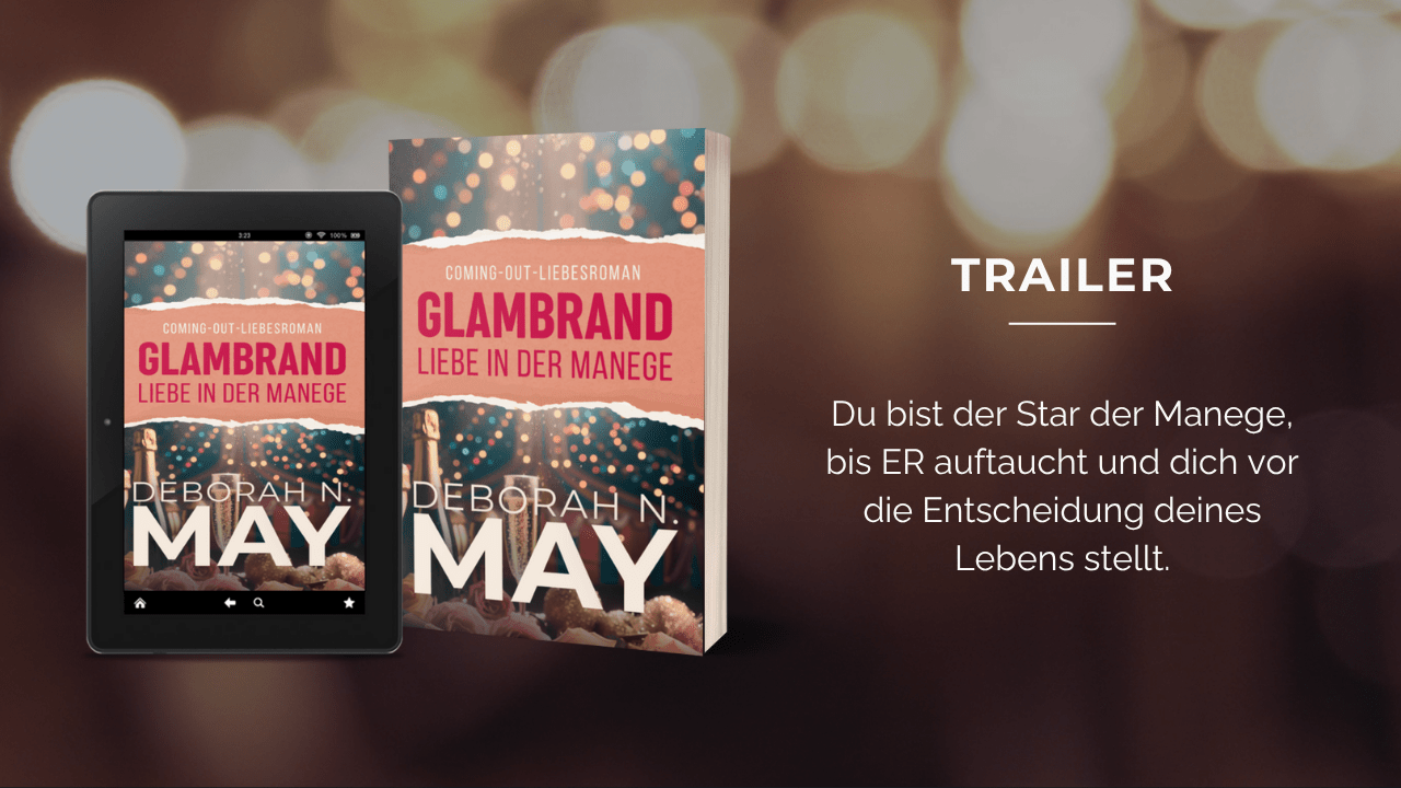 Thumbnail für den Buchtrailer für den Liebeskrimi "Glambrand". Buchcover vor Lichtern.