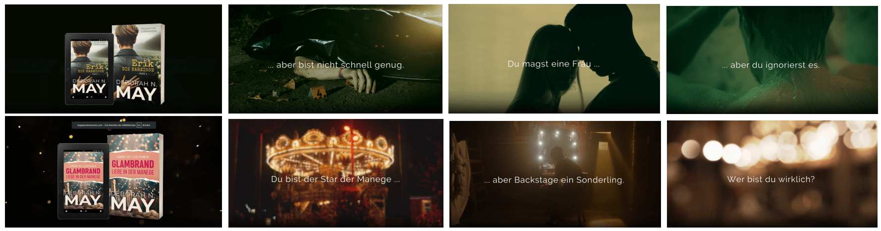 Szenen von zwei Buchtrailern, die verdeutlichen, dass das Color Grading des Videomaterials zum Cover passen muss.
